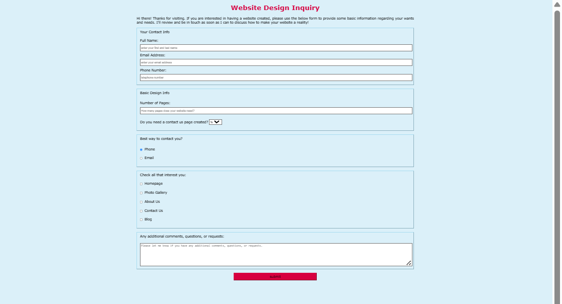 A screenshot of a survey form project.